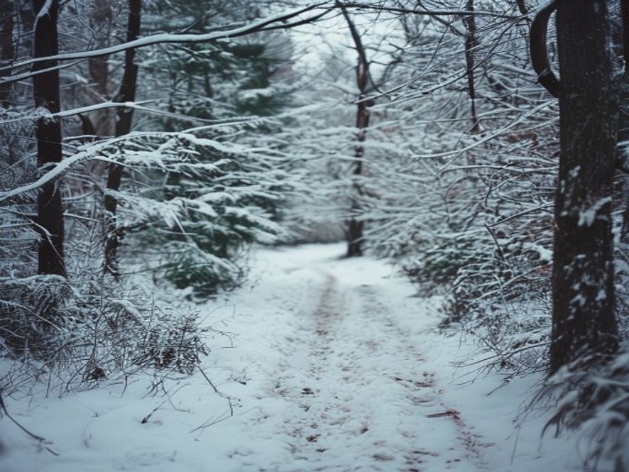En väg omgiven av snö och träd i vinterljus